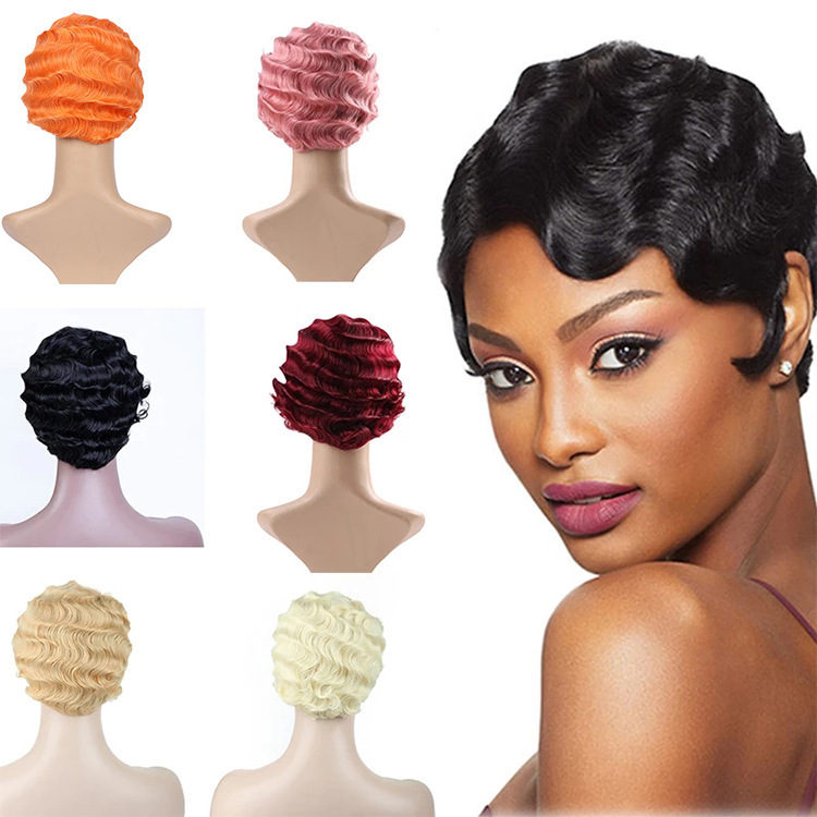Manufacturer Wholesale European and American Wigs for Women Short Wrapped Wavy Chemical Fiber Wig Headgear Finger Wave