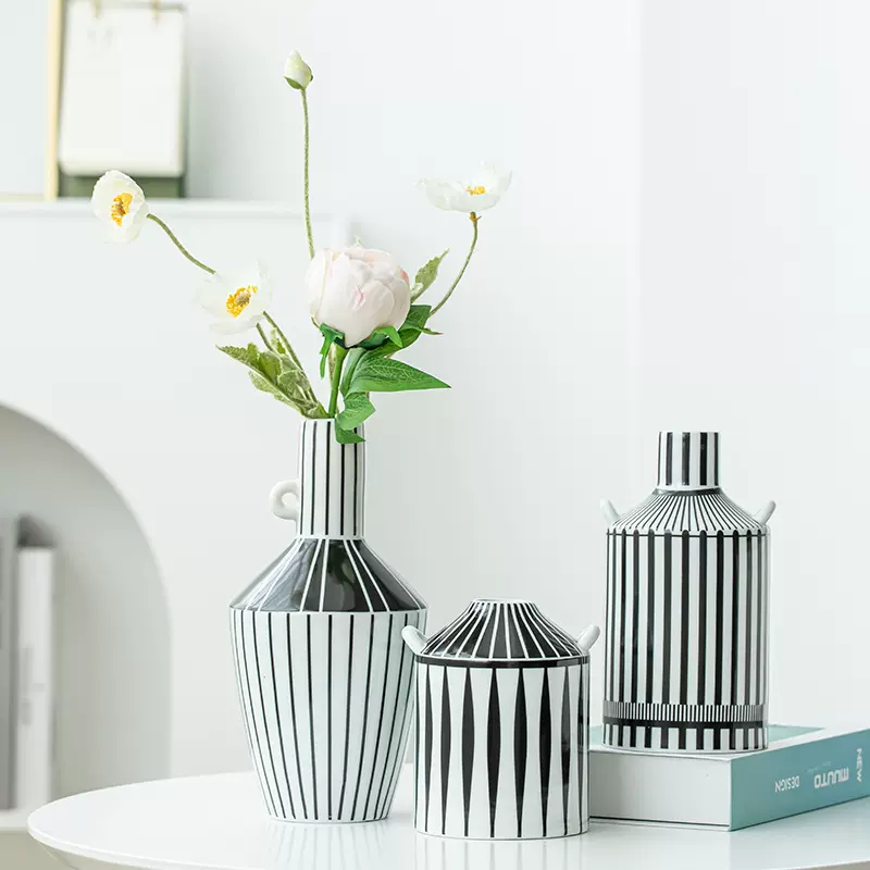 INS黑色条纹现代简约北欧陶瓷花瓶热卖款式软装装饰花插手工陶瓷