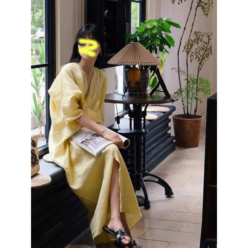 61097 # Yellow Dress for Women, Summer Korean Style, Loose French Style, Pear-Shaped Body, Age-Reducing, Hip-Covering, Cocoon-Shaped Long Dress 61097 # Yellow Dress for Women, Summer Korean Style, Loose French Style, Pear-Shaped Body, Age-Reducing, Hip-Covering, Cocoon-Shaped Long Dress