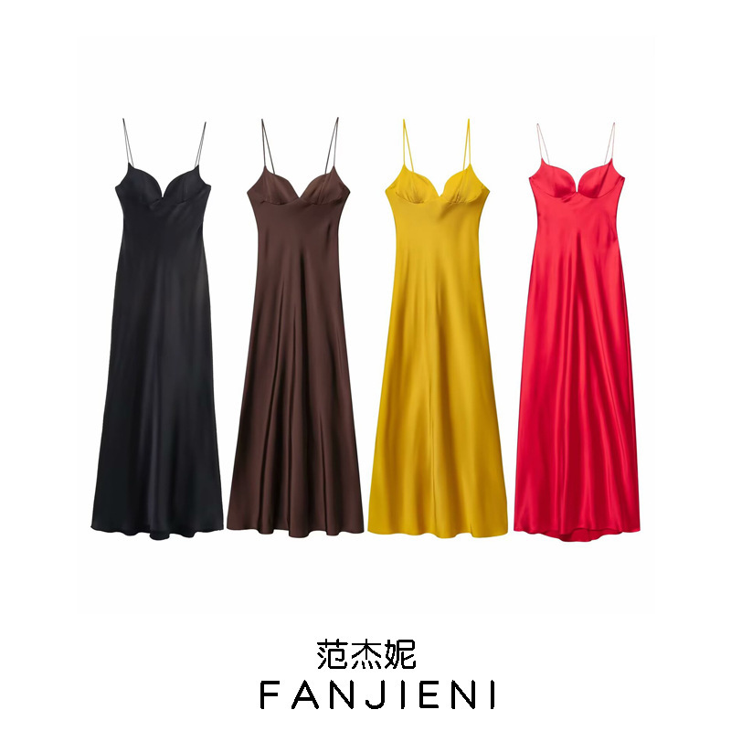 Zr Export Wholesale European and American Style Women's Fashion Elegant Silk Satin Texture Suspender Long Dress 3259331