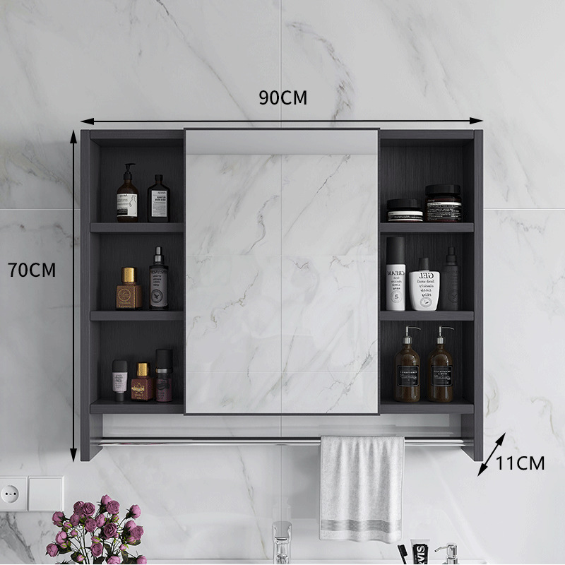 Armario de espejo de baño de lujo ligero simple con estante de almacenamiento espejo de baño caja de espejo de baño almacenamiento montado en la pared de fibra de carbono