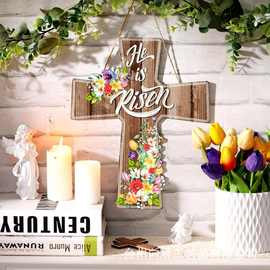 复活节百合花十字架标志挂件木制悬挂装饰品农舍前门门廊墙壁装饰