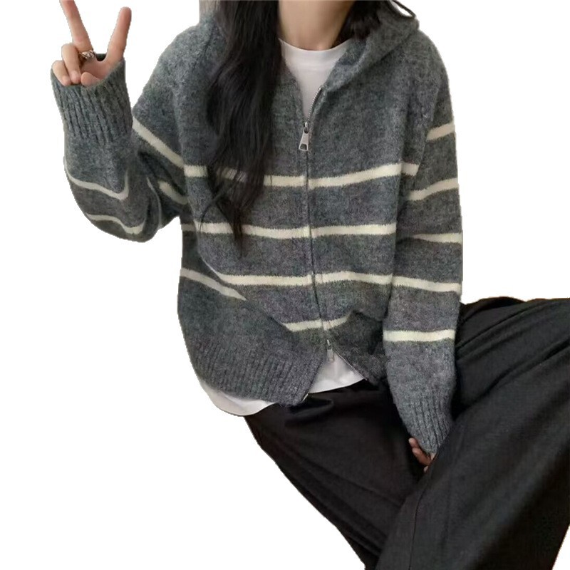 复古慵懒宽松条纹毛衣外套女韩版秋冬新款连帽拉链针织开衫女潮|undefined