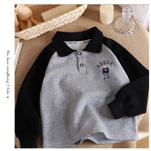 New  Spring and Autumn Polo Shirt Sweatshirt Children's Collar Long Sleeve Base Shirt for Middle Children, Splicing Shirt