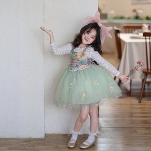 女童提花拼接紗裙連衣裙2025秋季新款女孩花朵刺綉網紗公主裙禮服