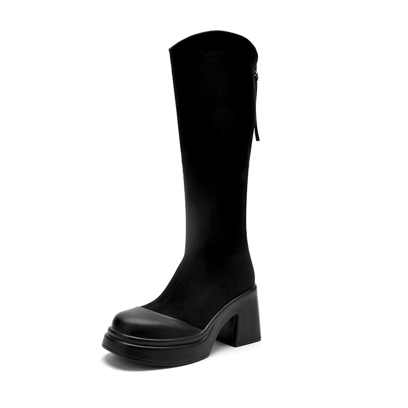 High Heeled Thick Soled Long Boots for Women's 2023 Hot Selling New Winter Slimming V-neck High Tube Elastic Slim Boots_voghion.com