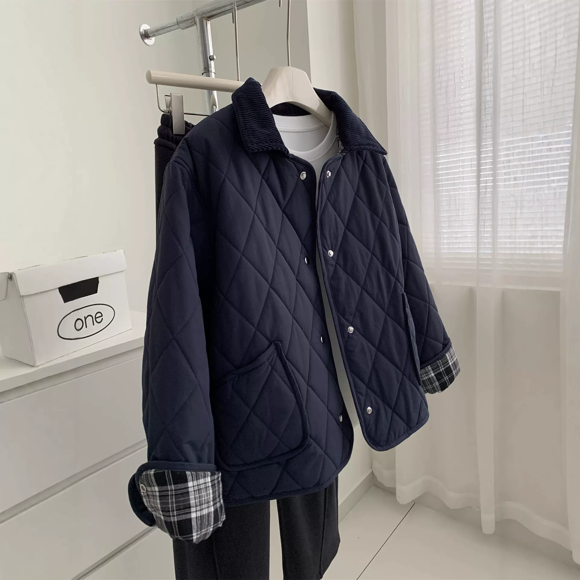 复古藏青色翻领棉服外套女通勤百搭显白秋冬保暖菱格夹棉上衣