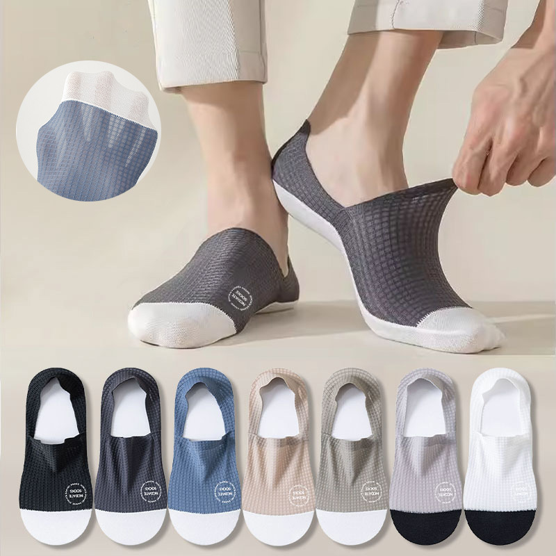 Cross-Border Men's Summer Thin Silicone Non-Slip No-Show Socks, Mesh Breathable Sweat-Absorbing Ice Silk Invisible Socks