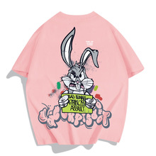 夏季宽松棉质短袖男潮牌T恤情侣新款复古兔子印花圆领美式体恤衫