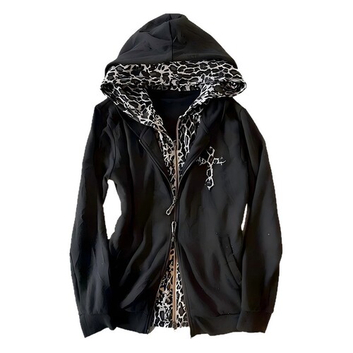 2026 Autumn/Winter Y2K American Streetwear Men's and Women's Leopard Print Retro Cross Gothic Hooded Zip-up Sweatshirt Jacket