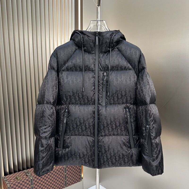 Hooded Jacket with Letter Print All Over, Oversized Multi-Pocket Design, down Jacket, Goose Down, Mid-Length, White Goose down