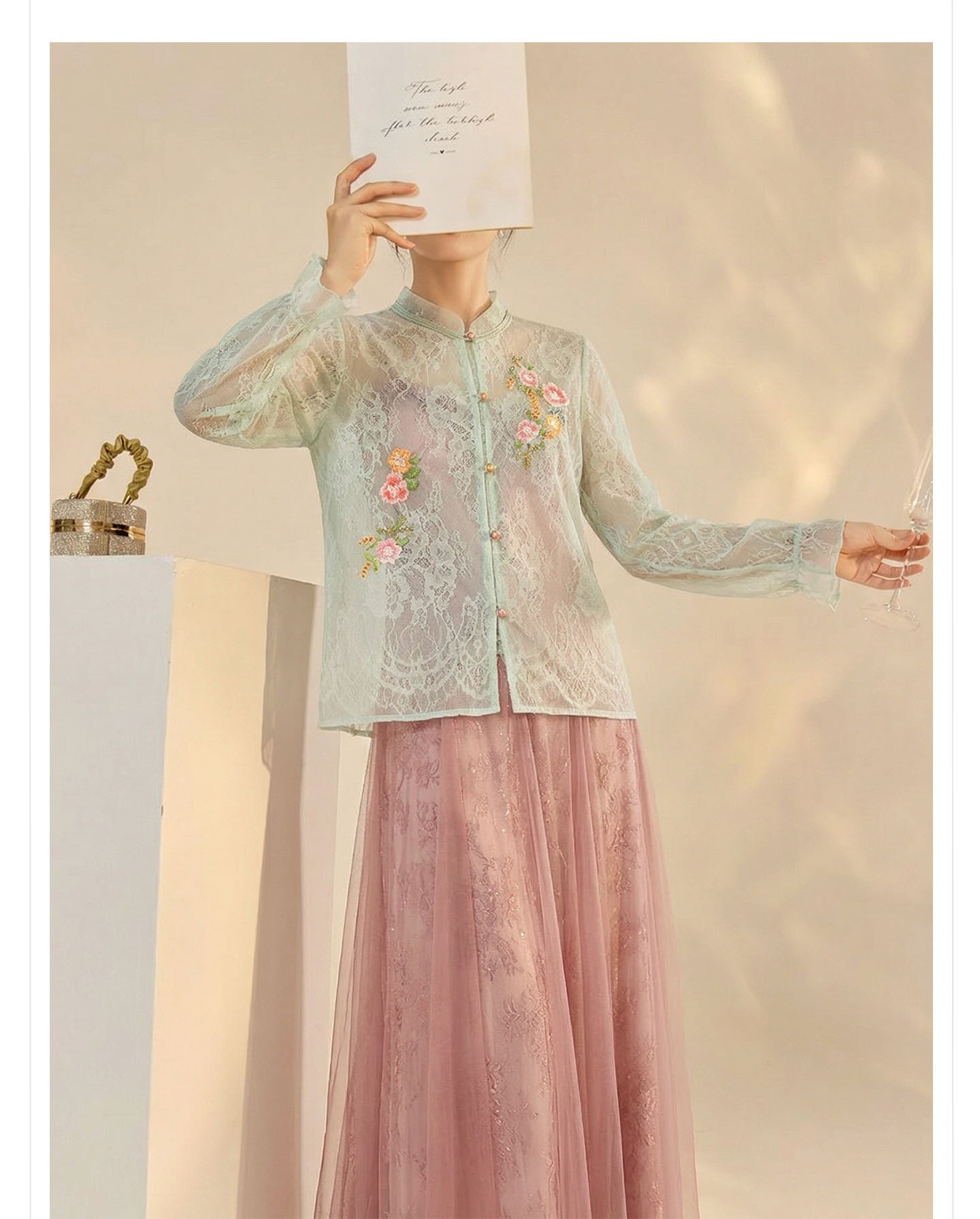 Váy maxi ren lụa dây mảnh nhiều tầng phong cách Trung Hoa hiện đại — Bột yêu đào chi tiết 17