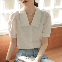法式提花灯笼袖蕾丝衬衫女设计感小众夏季新款珍珠娃娃领甜美小衫