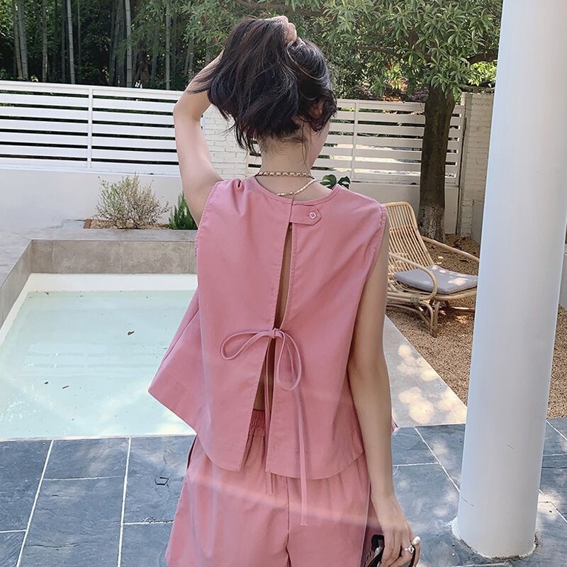 Pink Short Top + Wide-Leg Shorts Set for Women, Made of Sheep Wool, Solid Color, Backless Design, Breathable for Summer