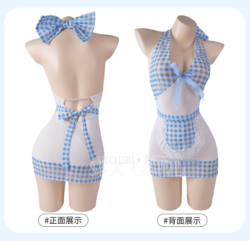Plus-Size Maid Roleplay Lingerie Set, Blue Plaid Nightgown with Apron, Sleeves, Panties and Bow Stockings — detail image 14