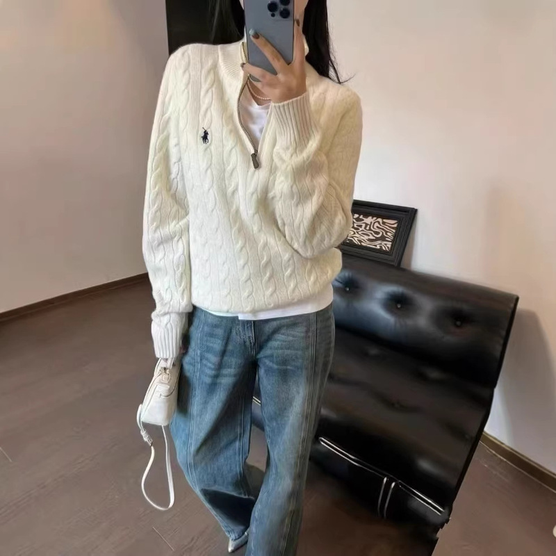 [Original Label with Qr Code] Ralph Lauren Knit Half-Zip Sweater with Pony Gold Label, Unisex Cable Knit