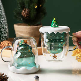 圣诞杯双层带把耐热玻璃杯创意可爱圣诞树礼盒包装节日礼品批发