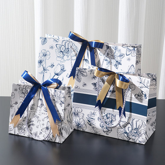 Blue bow gift bag high-end birthday gift bag vintage flower paper bag cross-border handbag