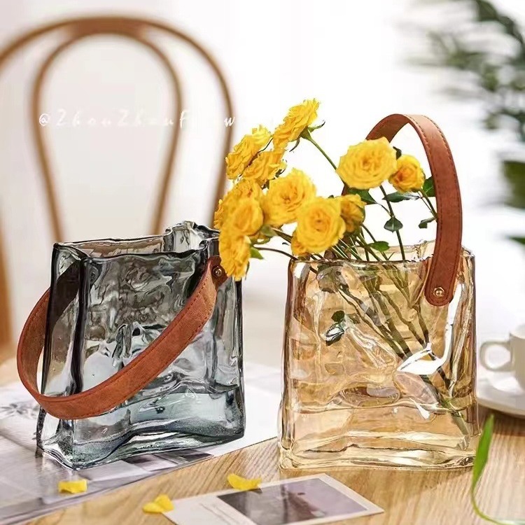 輕奢小眾設計手提包款透明玻璃花瓶客廳餐桌插花養魚裝飾工藝品