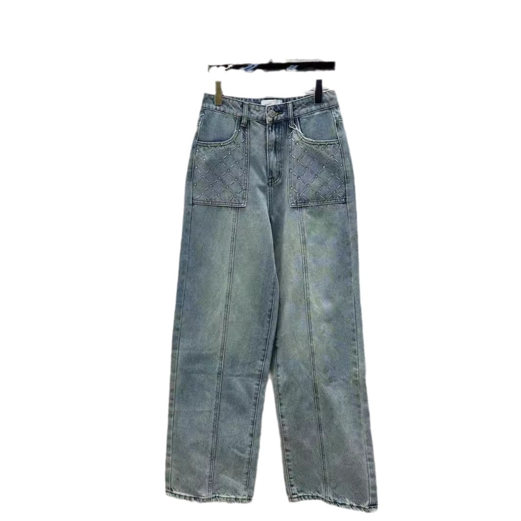 NANYOU 하이 엔드 여성 24 초가을 새로운 하이 웨이스트 올 매치 프론트 포켓 핫 드릴링 리어 자수 패션 데님 바지