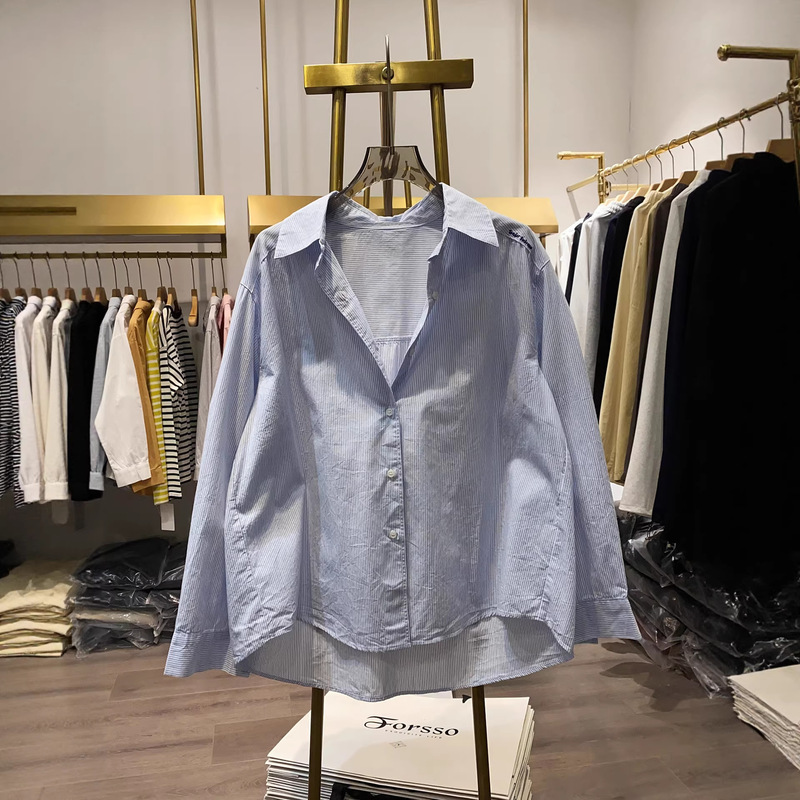 Blogger Recommended Unique Design Shoulder Tende Embroidery Striped Shirt for Women Casual Top Trendy