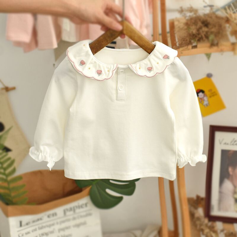 Spring and Autumn Girls' Clothing T-Shirt Baby Fashionable Children's Personalized Trendy Korean Style Sweet Embroidered Lace Doll Collar Bottoming Shirt Spring and Autumn Girls' Clothing T-Shirt Baby Fashionable Children's Personalized Trendy Korean Style Sweet Embroidered Lace Doll Collar Bottoming Shirt