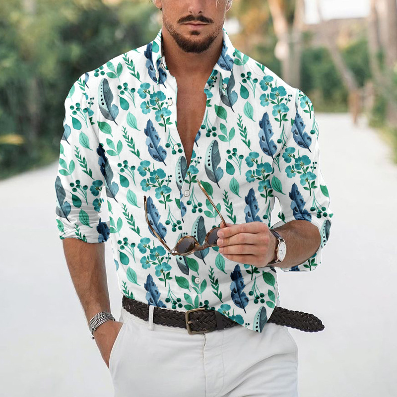 Transfronterizo 2025 primavera y otoño nuevo estilo de los hombres europeos y americanos más el tamaño de la camisa con estampado de plantas de rosas de manga larga