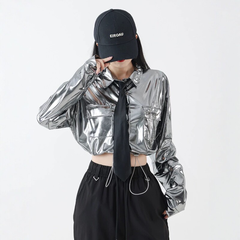 Jazz Dance Sexy Silver Tech-Style Short Workwear Shirt High-Waisted Slim-Fit Crop Top Long-Sleeve Shirt Jazz Dance Sexy Silver Tech-Style Short Workwear Shirt High-Waisted Slim-Fit Crop Top Long-Sleeve Shirt