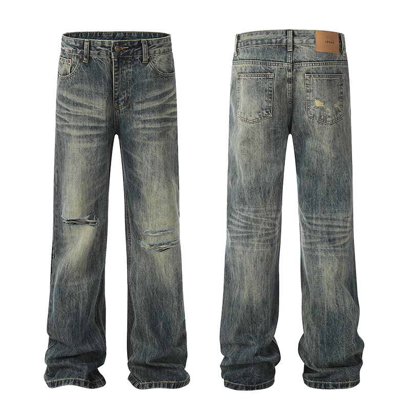 Unisex American Retro Cleanfit Washed Flared Ripped Jeans Straight Leg Slim Fit Street Style Wide Leg Pants_mkmklike.com