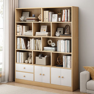 Bookcase Home Student Wooden Cabinet Floor Bookshelf with Door Dust-proof Simple Modern Layered Patch Cabinet