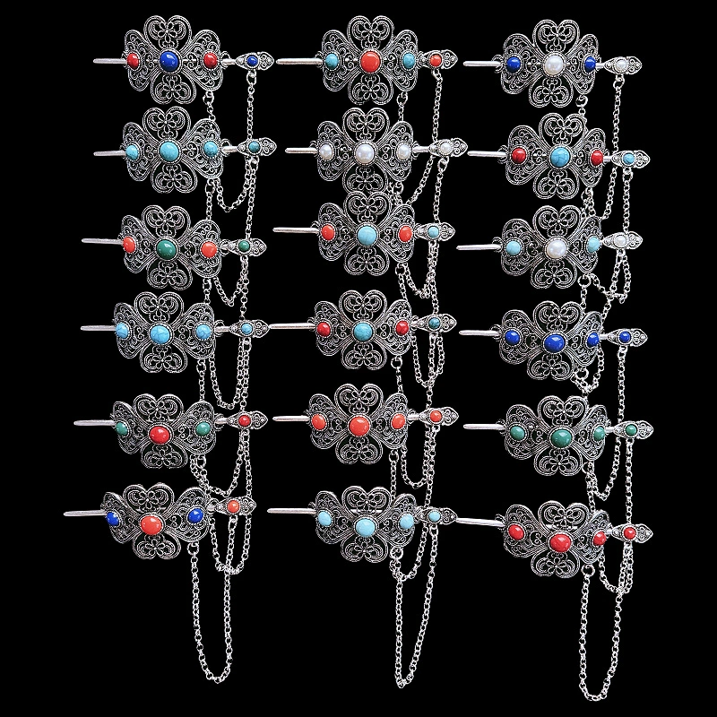 Этническая металлическая китайская шпилька для волос, turquoise каменная инкрустация, коралл Hanfu, ретро аксессуар, этнический стиль, материал