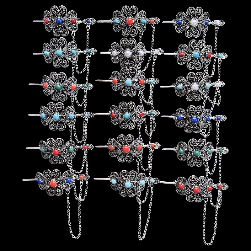 Этническая металлическая китайская шпилька для волос, turquoise каменная инкрустация, коралл Hanfu, ретро аксессуар, этнический стиль, материал
