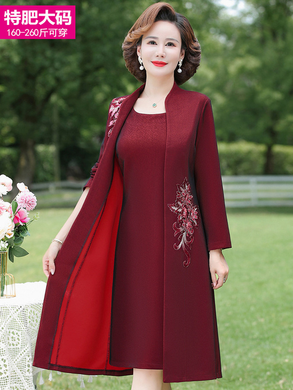 中高年太ったお母さんの秋服のワンピースはスカートの大きいサイズの婦人服の結婚式のお母さんのドレスの赤い春と秋を着ます。|undefined