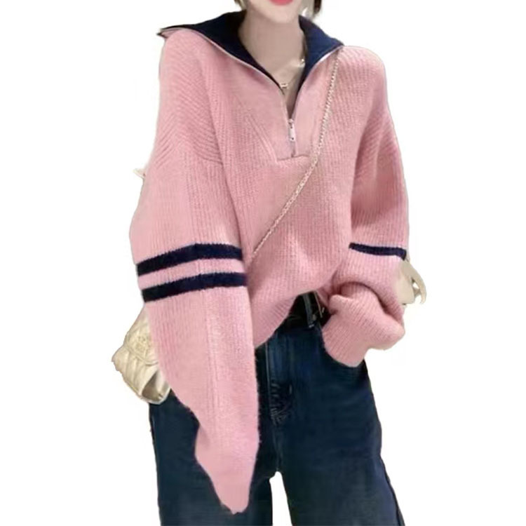 2023 otoño e invierno nuevo estilo japonés contraste color prendas de punto de las mujeres cuello alto manga larga suelta cremallera casual suéter mujeres image 11