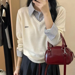 韩系字母刺绣假两件拼接衬衣毛衣女套头秋冬季新款宽松针织衫上衣