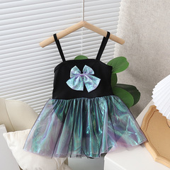 童裝女童新款連體泳衣2023夏季中小童蝴蝶結吊帶兒童度假溫泉泳裝