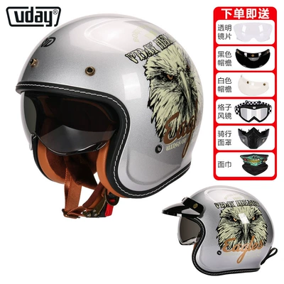 Helmet Half Helmet for Men, Motosiklet kaskı (dəbilqə) - va-1-bright-silver-eagle-head-comes-with-lenses-brim-black-belt-goggles-mask-face-towel-m-head-circumference-53-54cm