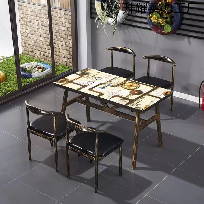 Iron Retro Theme Western Restaurant Bar Milk Tea Coffee Shop Snack Barbecue Shop Industrial Style Fast Food Dining Table and Chair Combination