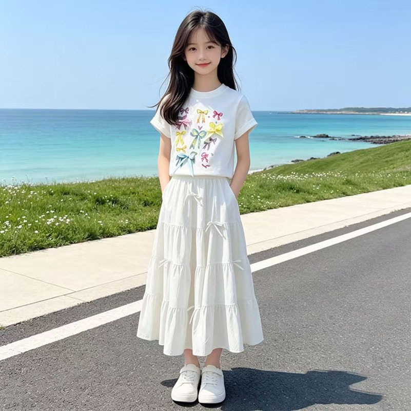 【上衣纯棉 裙子涤纶】女童套装夏季洋气蝴蝶结T恤白色半身裙