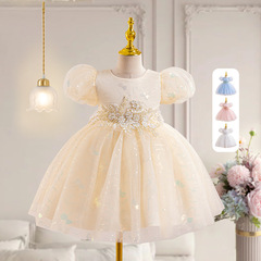 2024泡泡袖花朵腰飾連衣裙子小女孩周歲生日宴會晚禮服女童公主裙