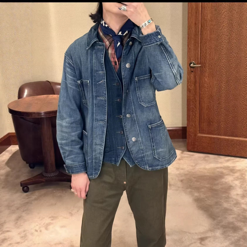 Foreign Trade Cross-Border American Retro Rrl Workwear Multi-Pocket Denim Shirt Jacket with Heavy-Duty Contrast Stitching Foreign Trade Cross-Border American Retro Rrl Workwear Multi-Pocket Denim Shirt Jacket with Heavy-Duty Contrast Stitching