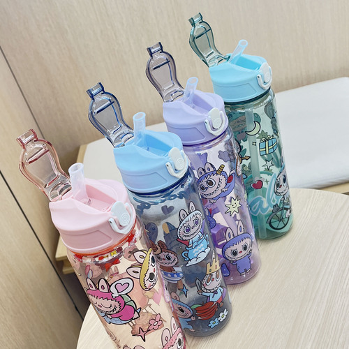 Cartoon Large Capacity Travel Water Bottle, Portable Straw Cord Printed Transparent Plastic Space Water Bottle, On-the-Go Cup