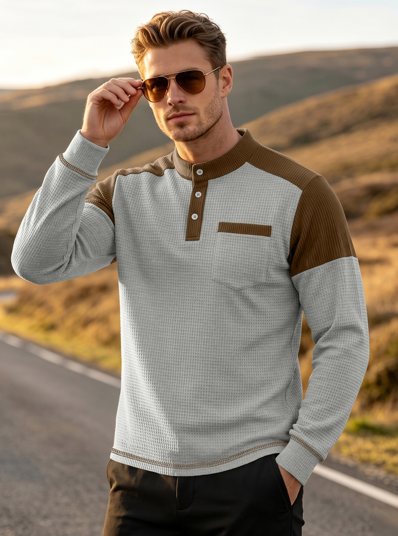 Hombre transfronterizo waffler camisa de manga de hombro de color pincelada Europa y Estados Unidos tk bolsa de cuello grande suéter deportivo de manga larga