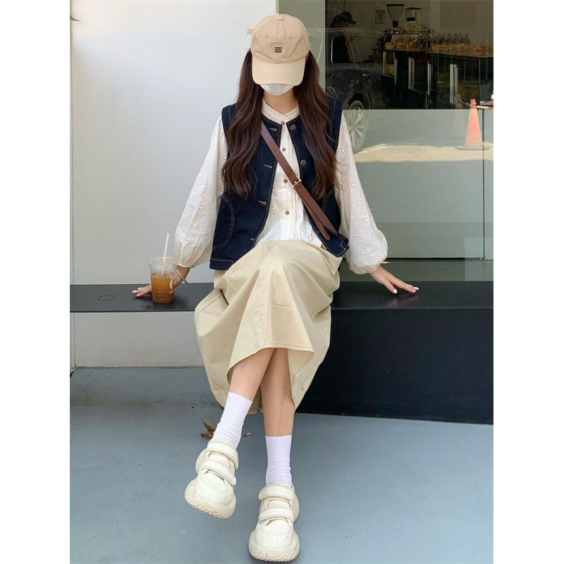 韩系通勤风穿搭一整套牛仔背心马甲刺绣衬衫高腰半身裙子女学生|undefined