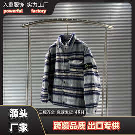 三标齐全Stone  石头岛重磅毛呢格纹经典袖章翻领外套男女款无帽