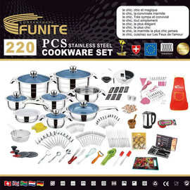 FUNITE 跨境 220PCS 多层底不锈钢套装锅具出口朝鲜无人头像彩盒