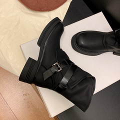 2024新款秋冬季ins小眾~真皮側拉鏈厚底馬丁靴女粗跟法式復古短靴