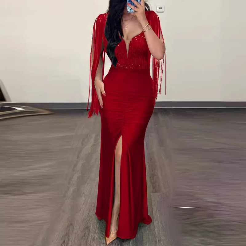 European and American Cross-border Fashion Beaded Hip Bag Sexy dress Round Neck Split Tassel Sleeve Pleated Evening Dress