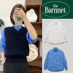 韓国ブランドthebarnnet無地刺繍カジュアルルーズブルーシャツ万能ラペルトップスレディース長袖