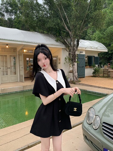 2025 waist waist to show thin black dress summer fat mm design French retro doll-neck dress